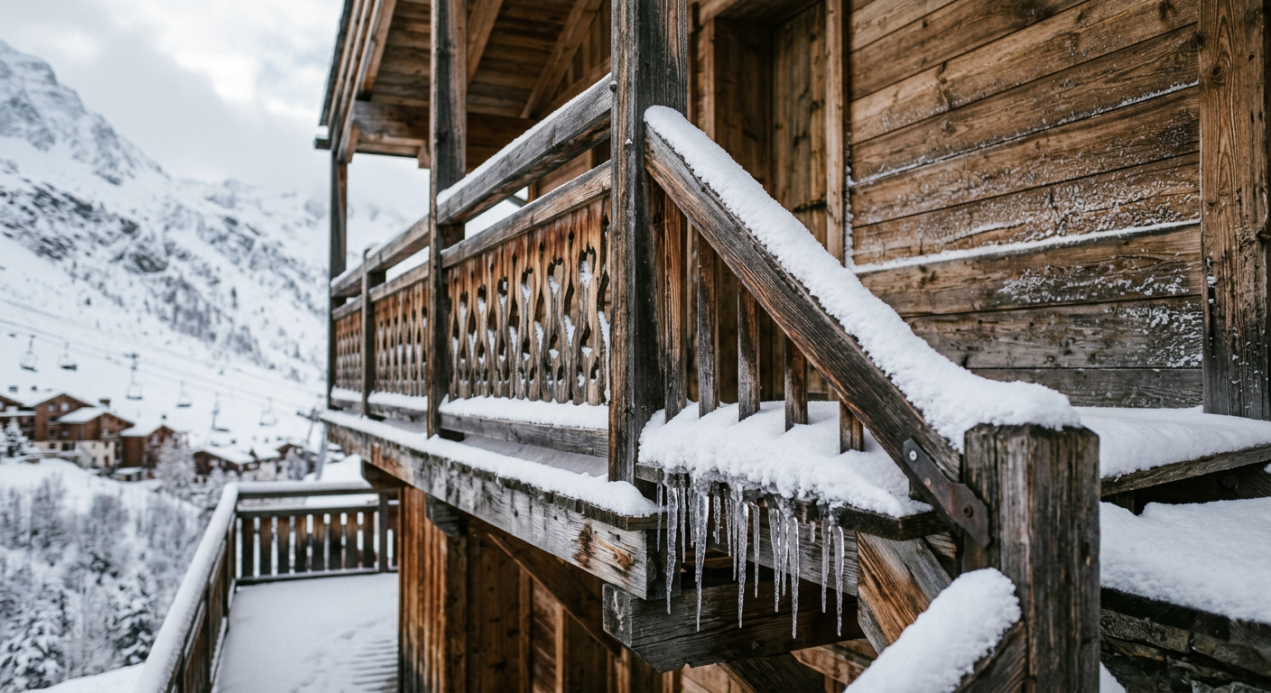 Détail du balcon en bois d'un chalet à Tignes, sous la neige